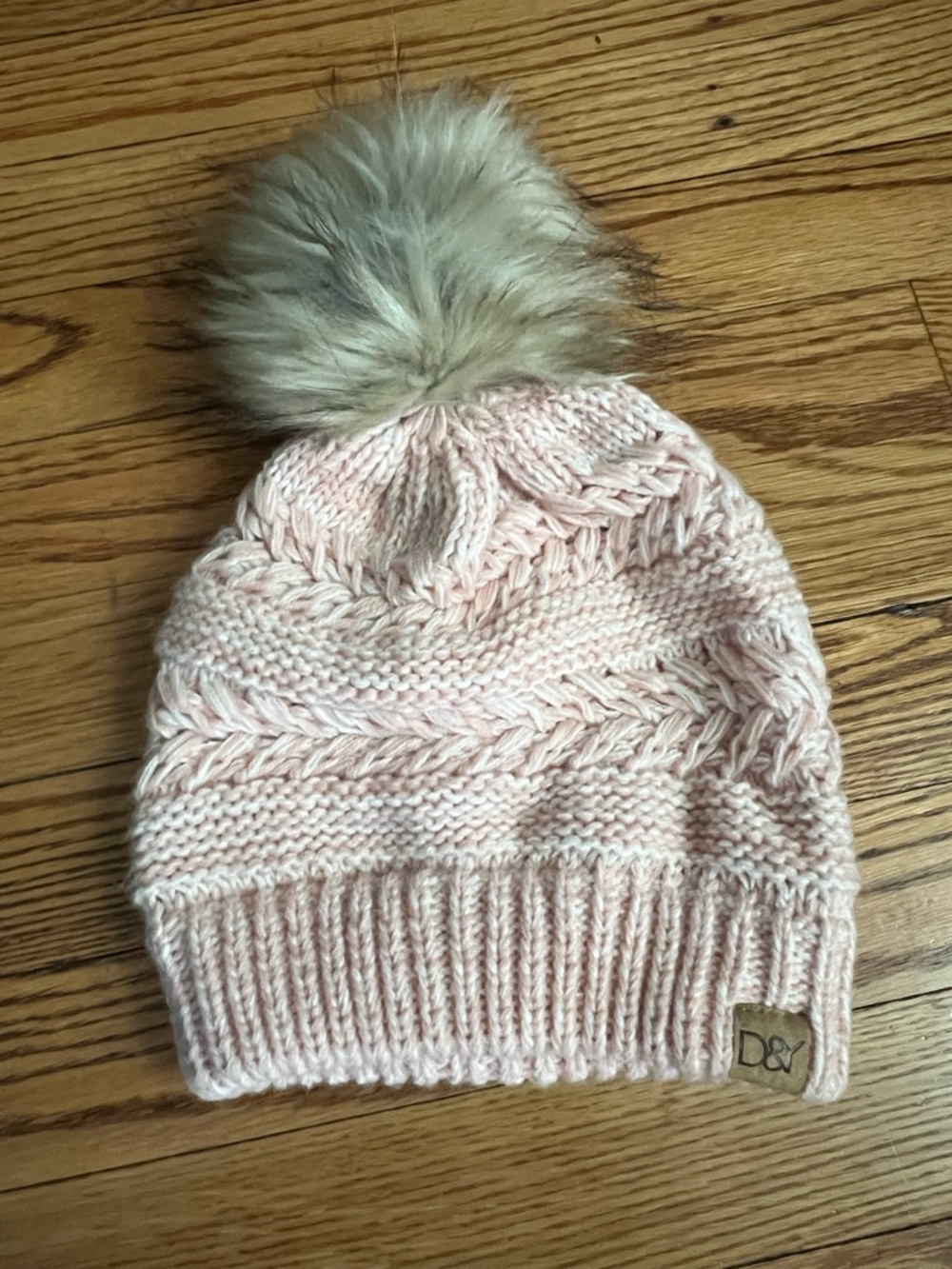 D&Y Blush Knit Pom Hat with Faux Fur